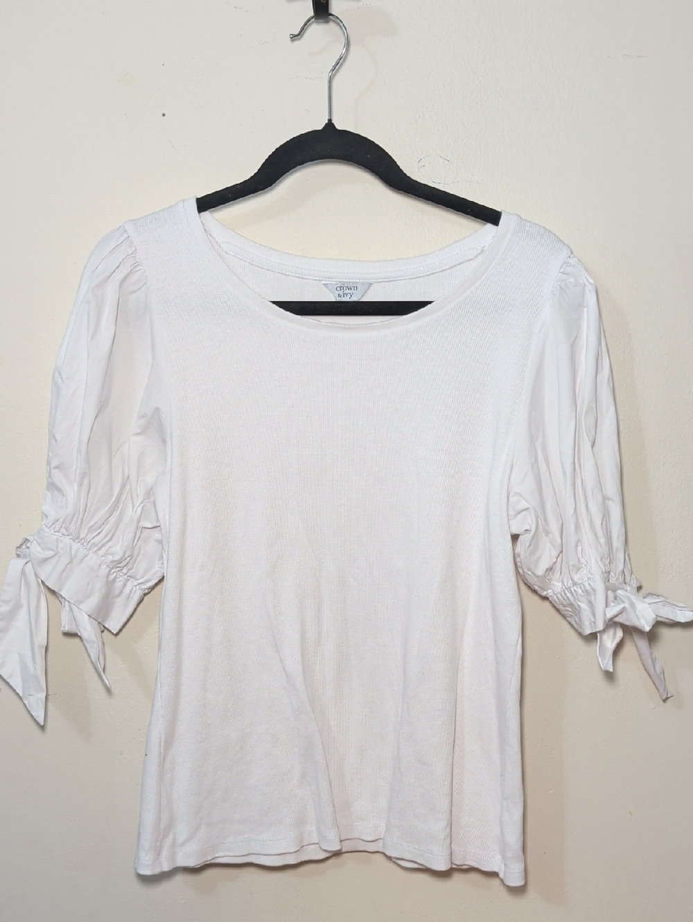 Crown & Ivy White Puff Sleeve Blouse Tie-Cuff Minimalist Clean Women's Size L